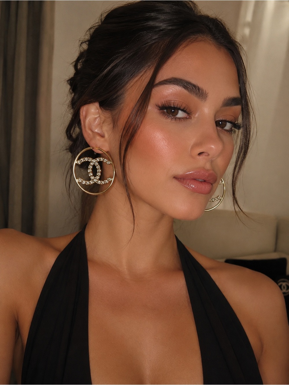 CHANEL Runway Gold CC Hoop Earrings with Crystal Detailing